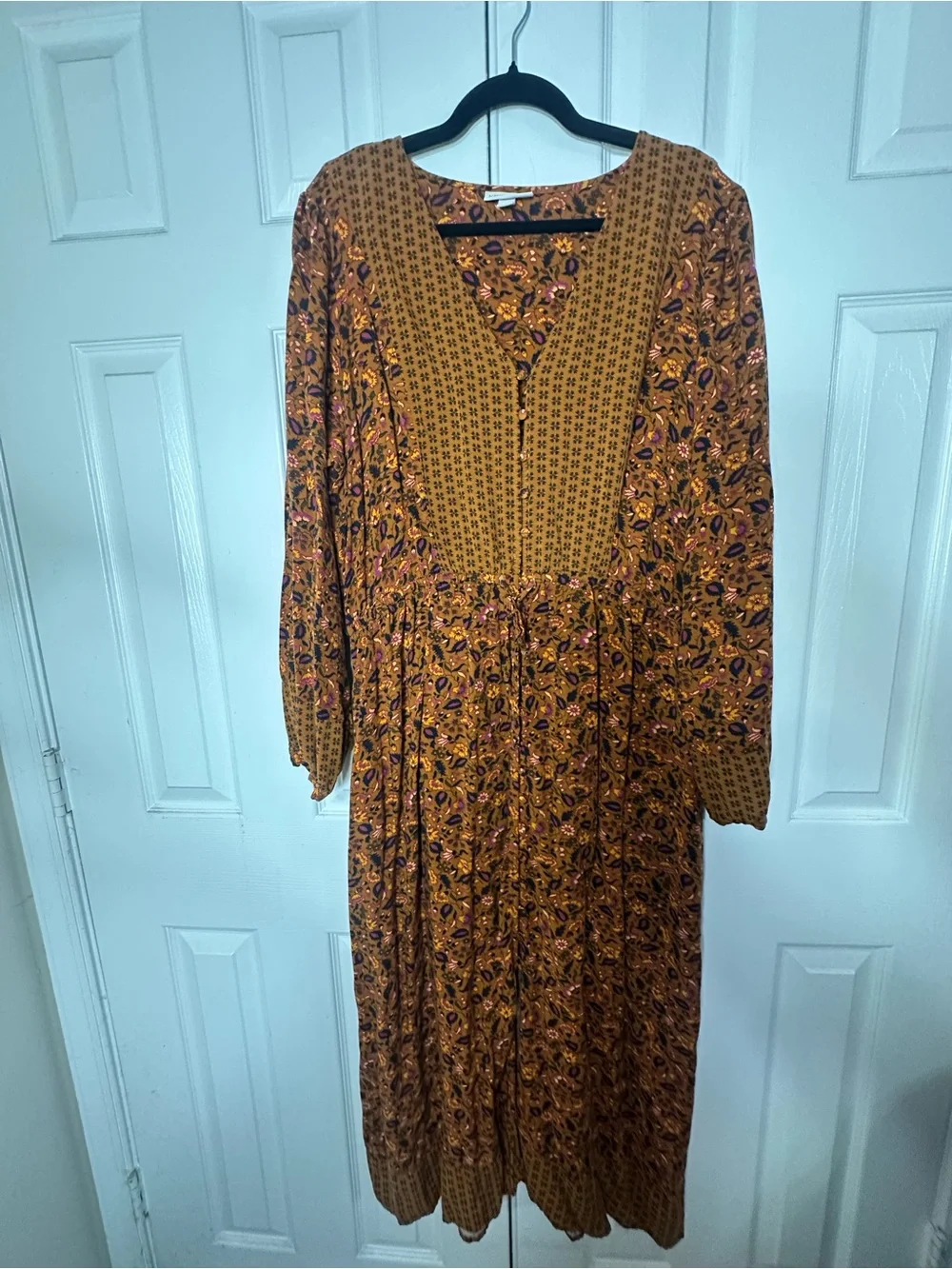 Knox Rose XXL Boho Floral Paisley Maxi Dress Long Sleeve Button Front